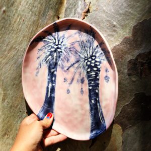 ροζ κεραμικό πιάτο φοίνικες pink ceramic plate palmtrees
