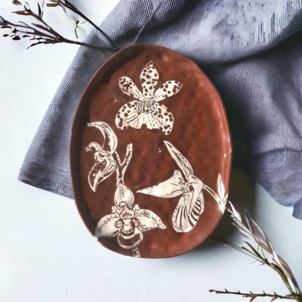 χειροποίητο κεραμικό πιάτο με ορχιδέες ceramic plate with orchids